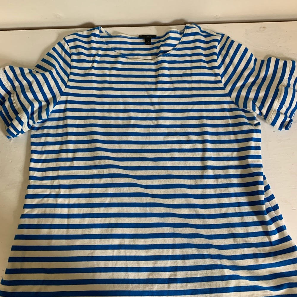 J. Crew Blue/White Striped Ruffle Sleeve T-Shirt